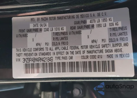 2024 Mazda Mazda3 2.5 S Select Sport from USA, damaged, VIN 3MZBPABM4RM421849